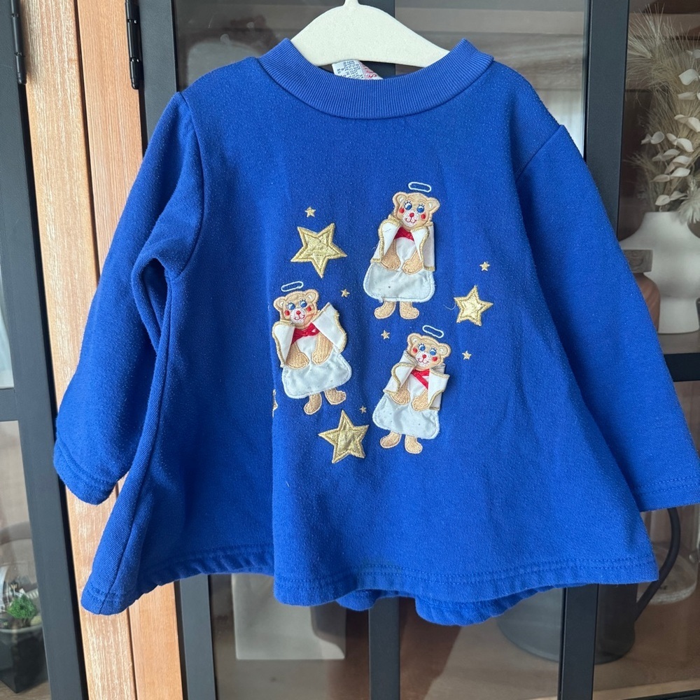 Vintage 90s teddy bear embroidered applique dress sweater mock neck toddler girl